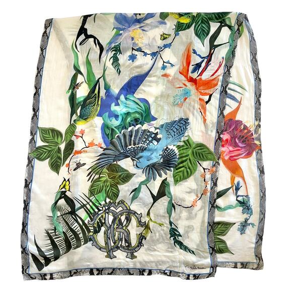Roberto Cavalli Tropical Floral Bird Butterfly Nature Modal Long Scarf Shawl - Picture 10 of 12